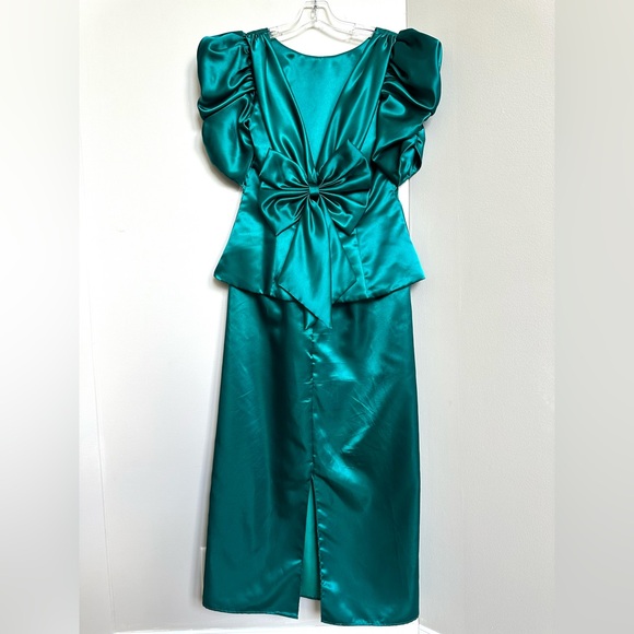 Vintage Dresses & Skirts - Vintage 80’s Jordan Big Structured Bow Maxi Dress Peplum Teal Green Puff Sleeve